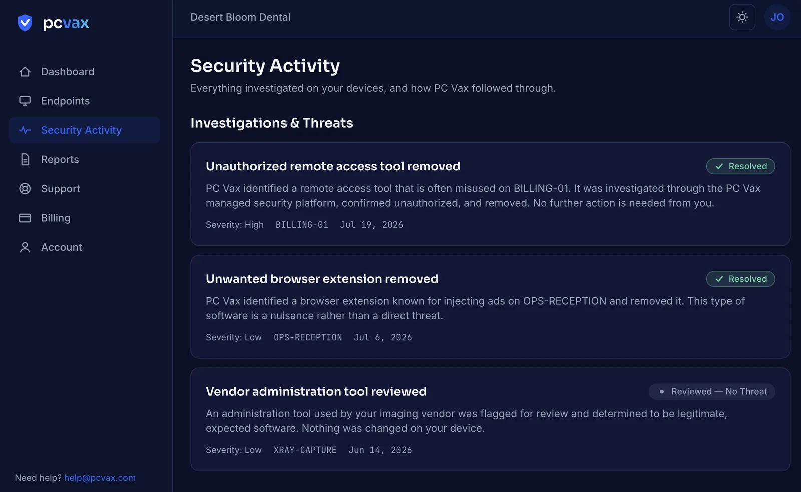 PC Vax portal Security Activity page in dark mode listing investigated threats with resolutions, severity, affected device, and dates