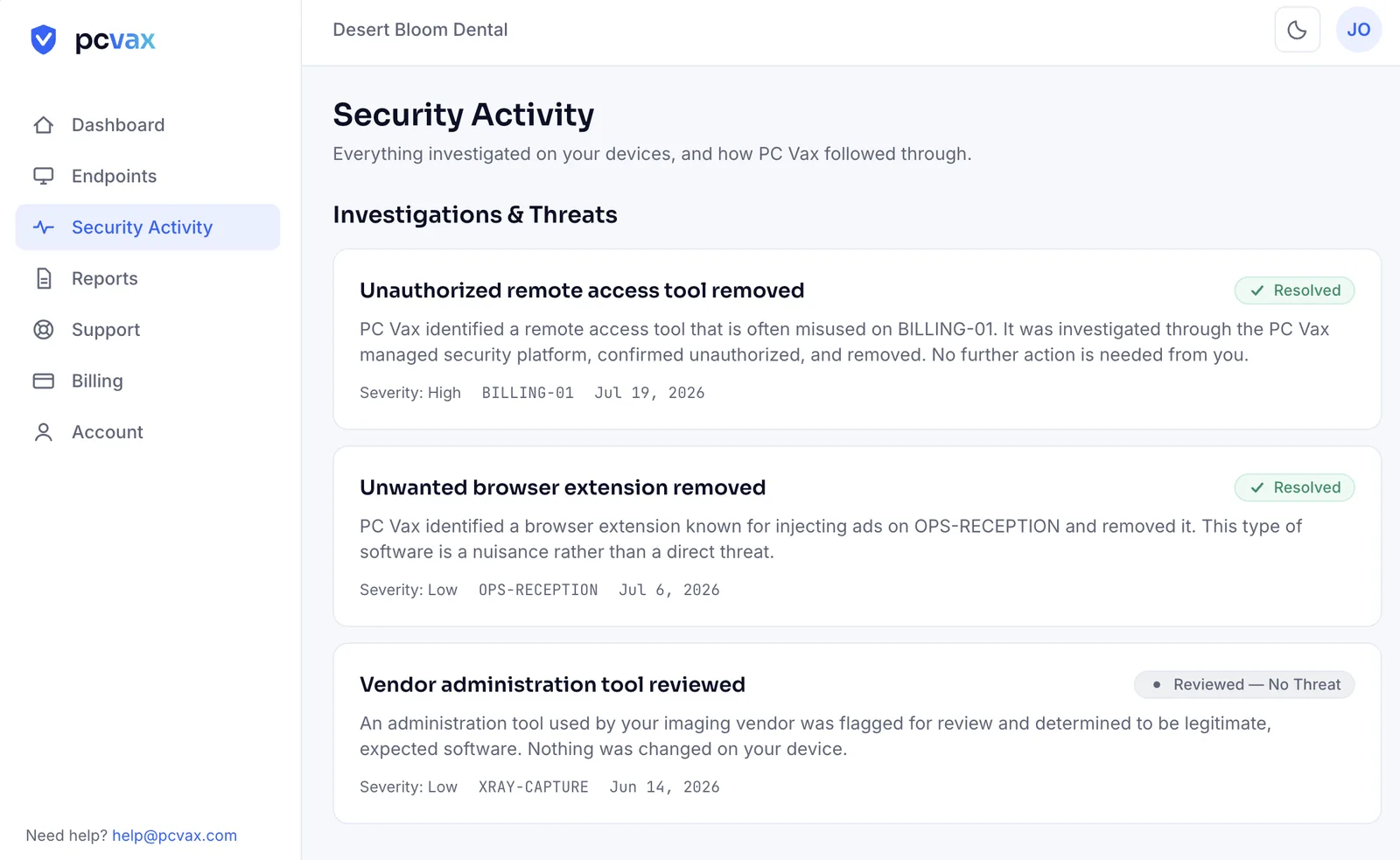 PC Vax portal Security Activity page in light mode listing investigated threats with resolutions, severity, affected device, and dates