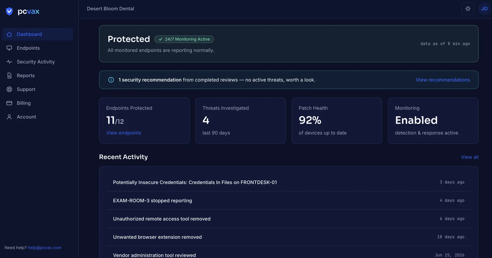 PC Vax client portal dashboard in dark mode showing Protected status, 24/7 monitoring active, endpoints protected, threats investigated, patch health, and recent activity