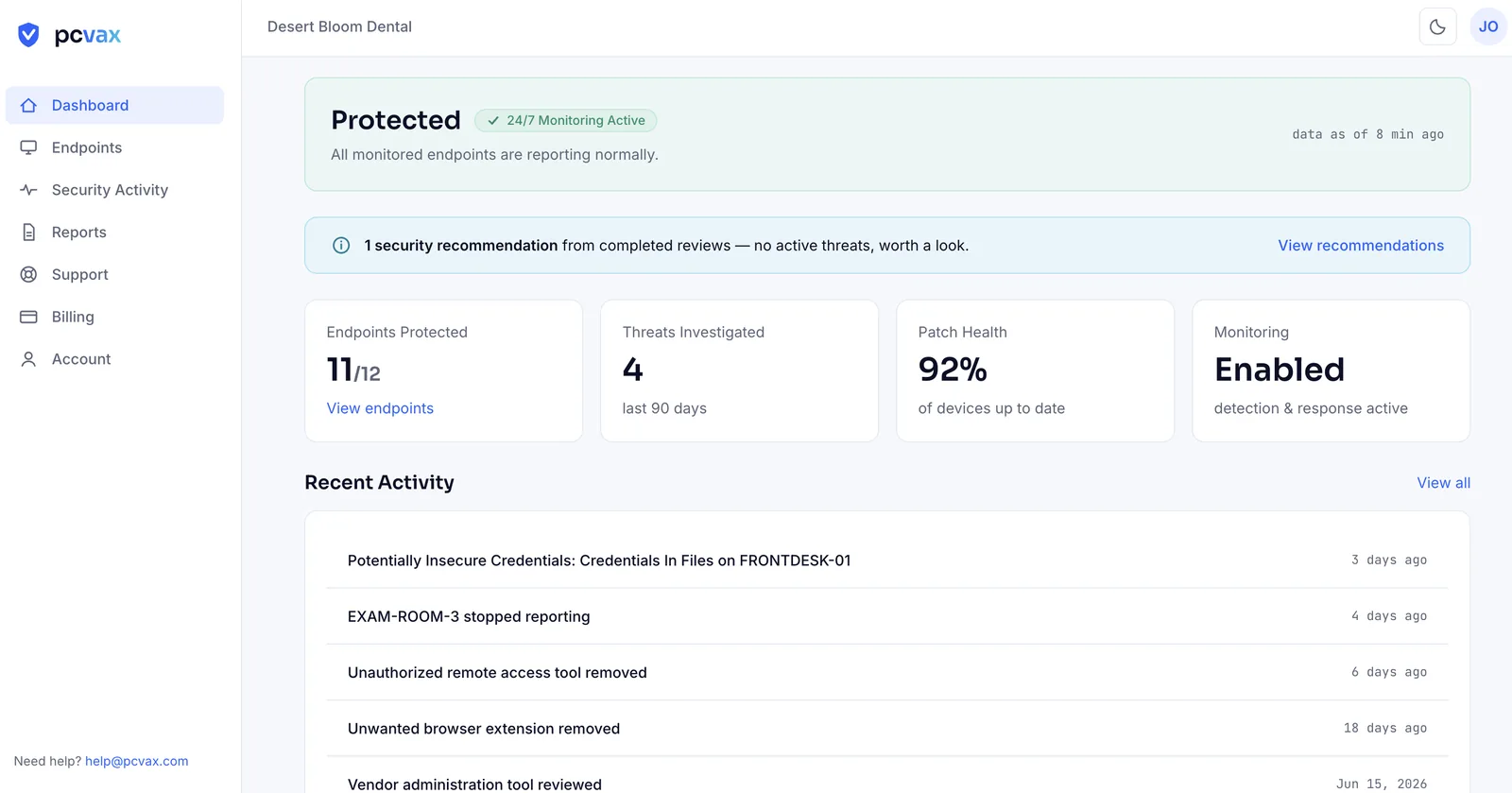 PC Vax client portal dashboard in light mode showing Protected status, 24/7 monitoring active, endpoints protected, threats investigated, patch health, and recent activity