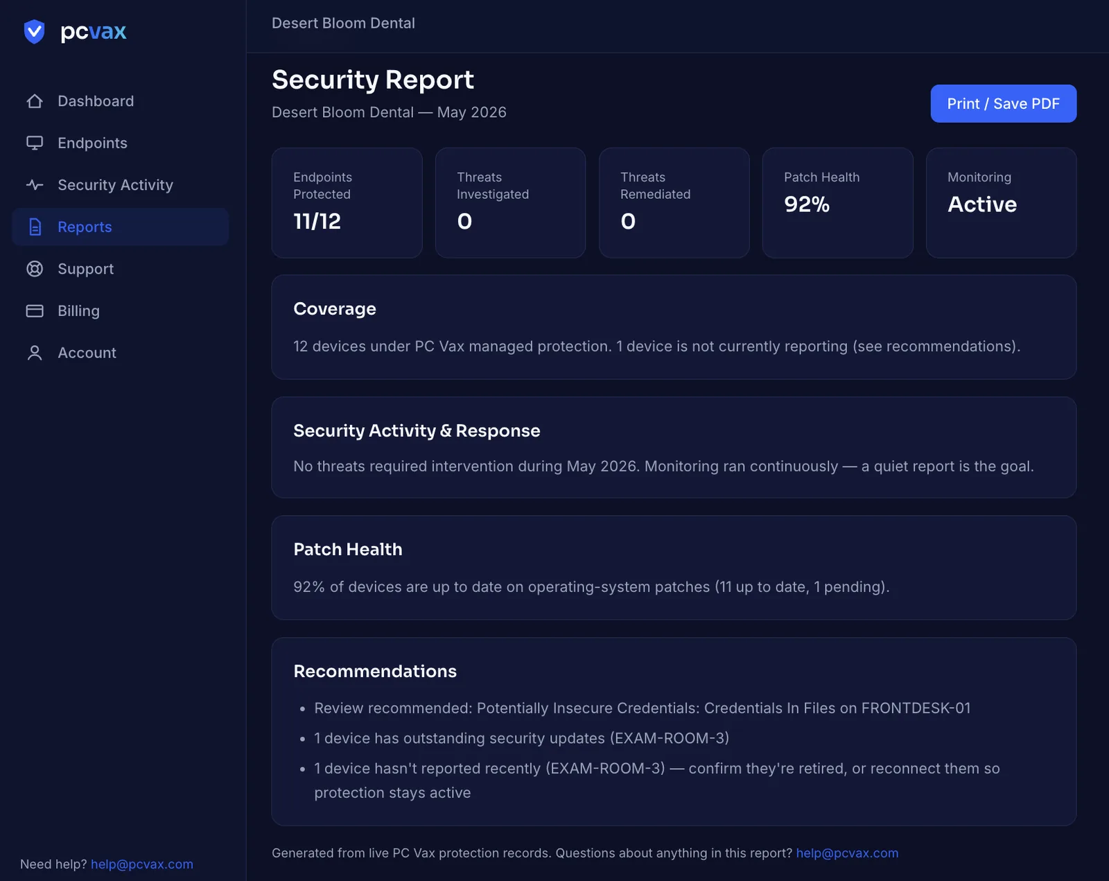 PC Vax monthly security report in dark mode showing endpoints protected, threats investigated and remediated, patch health, coverage summary, and recommendations