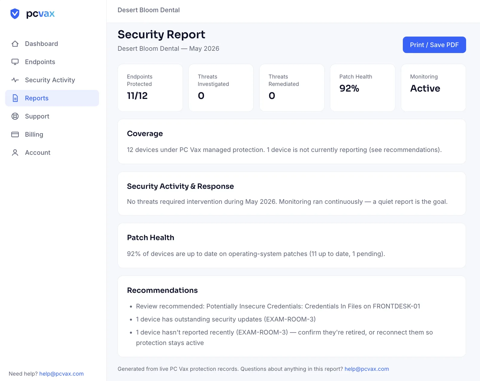 PC Vax monthly security report in light mode showing endpoints protected, threats investigated and remediated, patch health, coverage summary, and recommendations